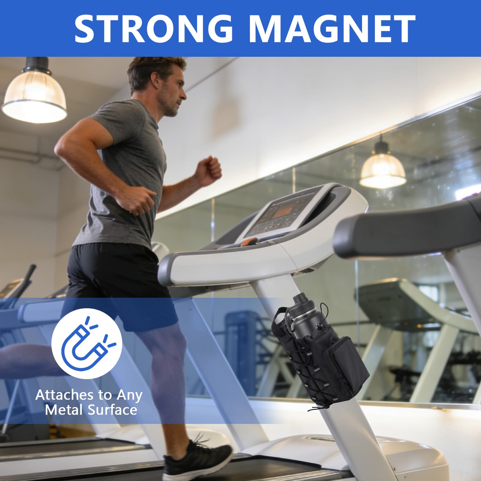 ZEMBSOYA Sac de gym magnétique pour homme et femme - Étanche - Petit sac de gym - Sac pour bouteille d'eau pour voyage, stade, sport, pique-nique, cadeau pour festival (sangle noire) - 3