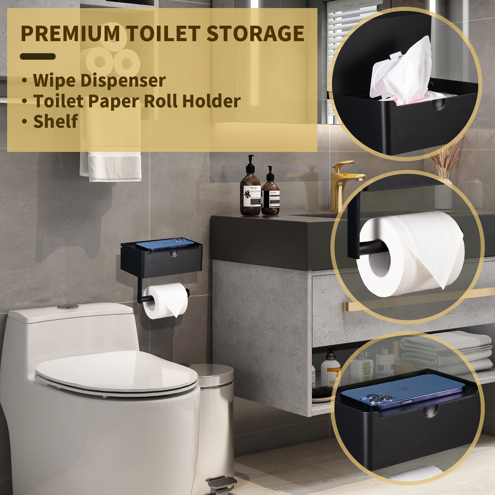 LAYUKI Toilet Paper Holder with Shelf, Wipe Holder for Bathroom, Large, Stainless Steel, Wall Mounted, Matt Black, Upgraded Toilet Paper Holder — Amazon image 2