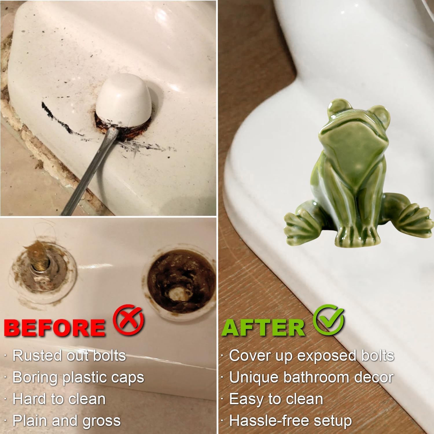 Ceramic Frog Toilet Bolt Covers Decorative, Set of 2 Tall Toilet Bolt Caps,Cute Frog Toilet Screw Cover Caps, Toilet Caps for Bottom of Toilet for Bathroom Decor, Easy to Install (B - Green)