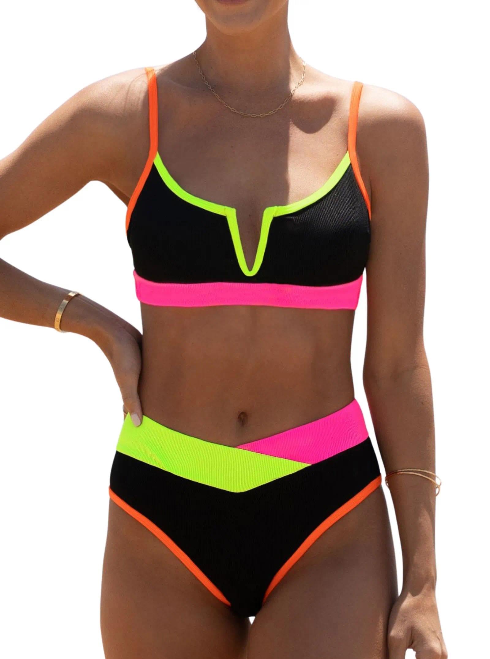 Photo 1 of *one peice * popvil Neon Bikini Sets 2026 Color Block Swimsuits for Women V Neck High Waisted High Cut Bathing Suits Black S