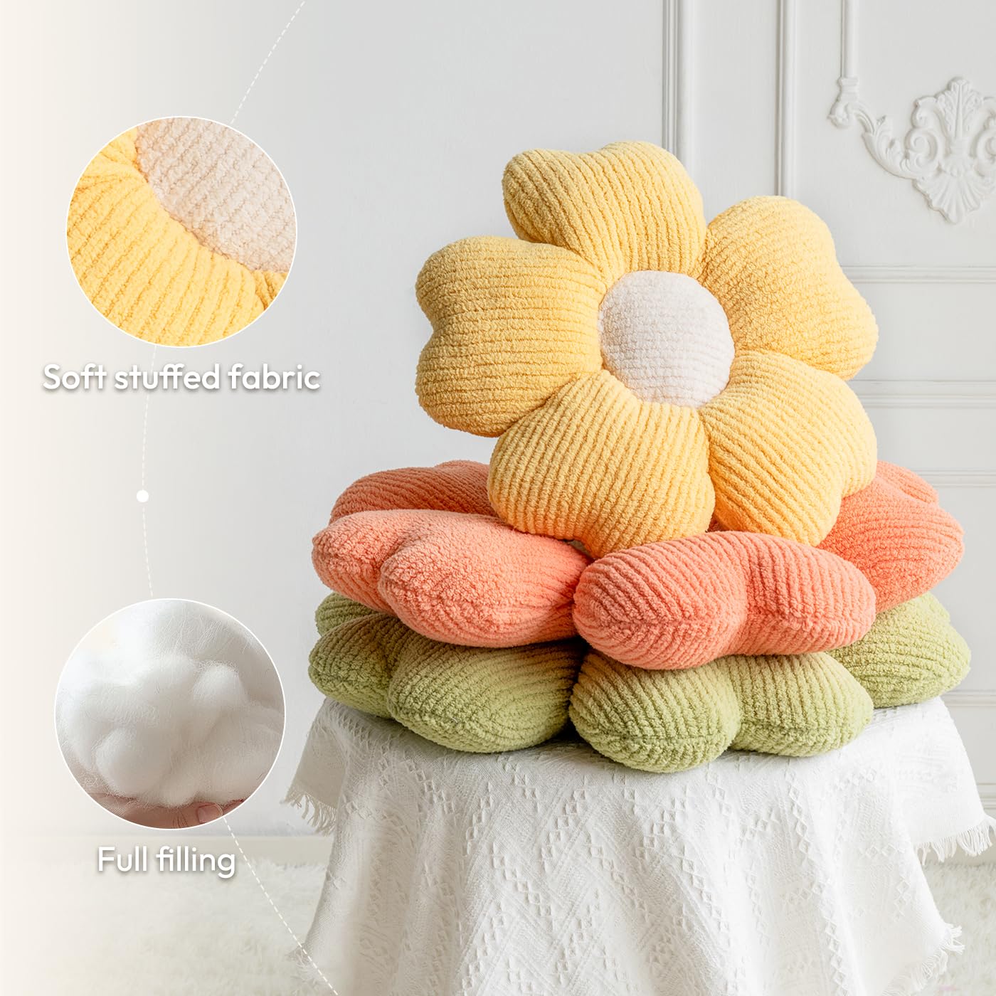 Sioloc Cojín de suelo, cojín de asiento, bonita almohada de flores, almohada estética como decoración de habitación, almohadas decorativas para cama, sofá (amarillo, 19.7 pulgadas)