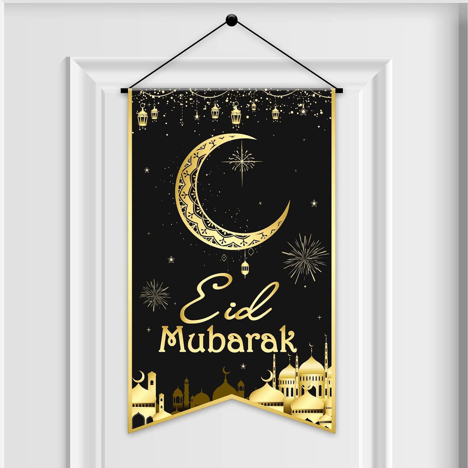 Ramadan EID Mubarak Hanging Door Sign EID Decorative Hanging Sign Party Decorations Black Gold Moon Lantern Banner for Ramadan Kareem Eid Al-Adha Sign Home Decor Happy EID Ramadan Party Supplies Favor