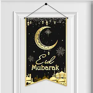 Ramadan Eid Mubarak Hanging Door Sign - Black and Gold Moon Lantern Banner for Ramadan and Eid Celebrations