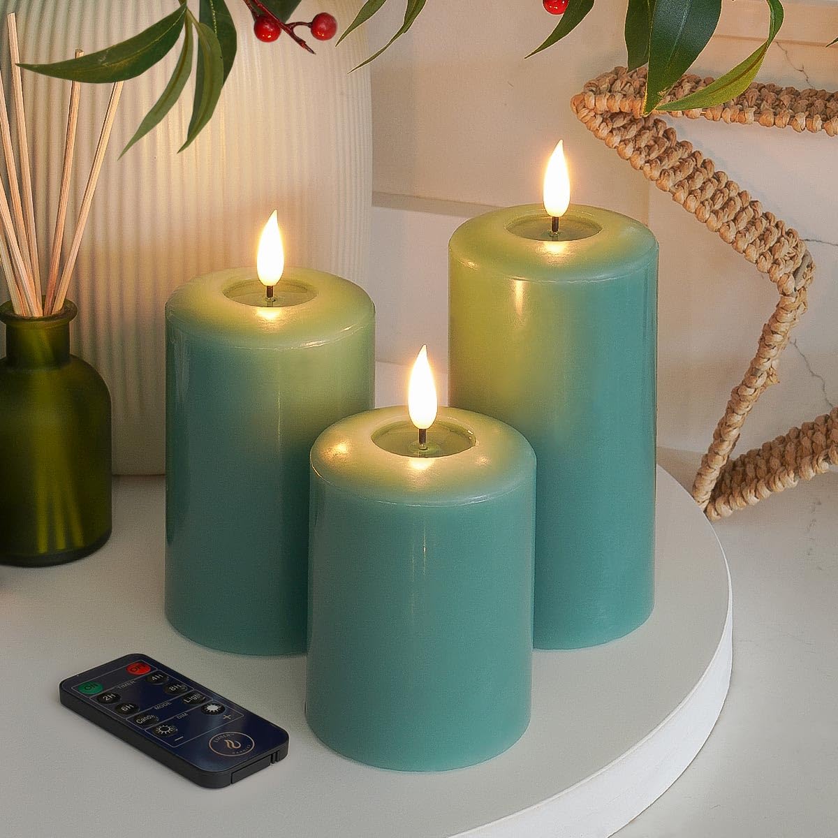 Ember Candles™ 10cm, 12.5cm & 15cm Signature Sage Green LED Indoor Flickering Battery Candles – 100% Real Wax, Ultra-Realistic, Flameless, Hand-Poured Design, 6-Hour Timer (with Remote Control)