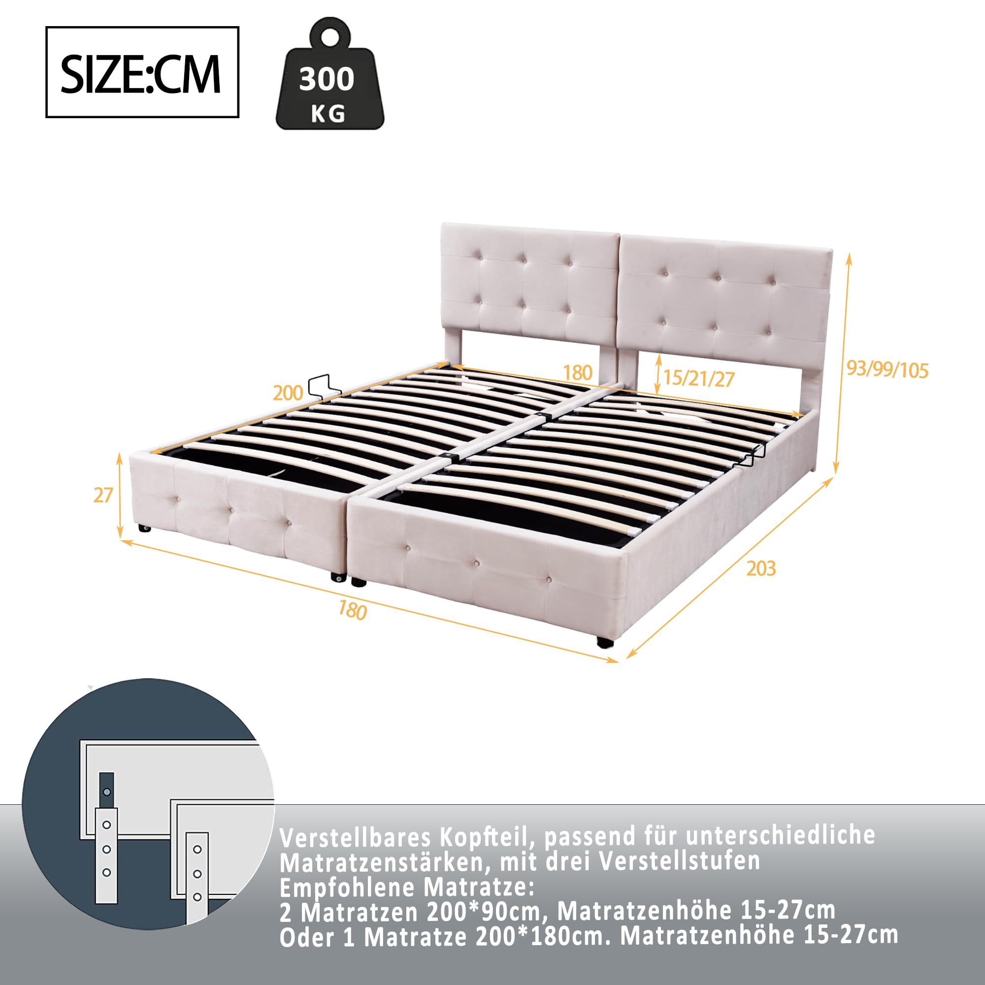 Kayan Letto a molle, 180 x 200 cm, con cassettone, letto matrimoniale imbottito con rete a doghe, telaio con vano portaoggetti, per camera da letto, letto funzionale, tessuto in velluto, senza
