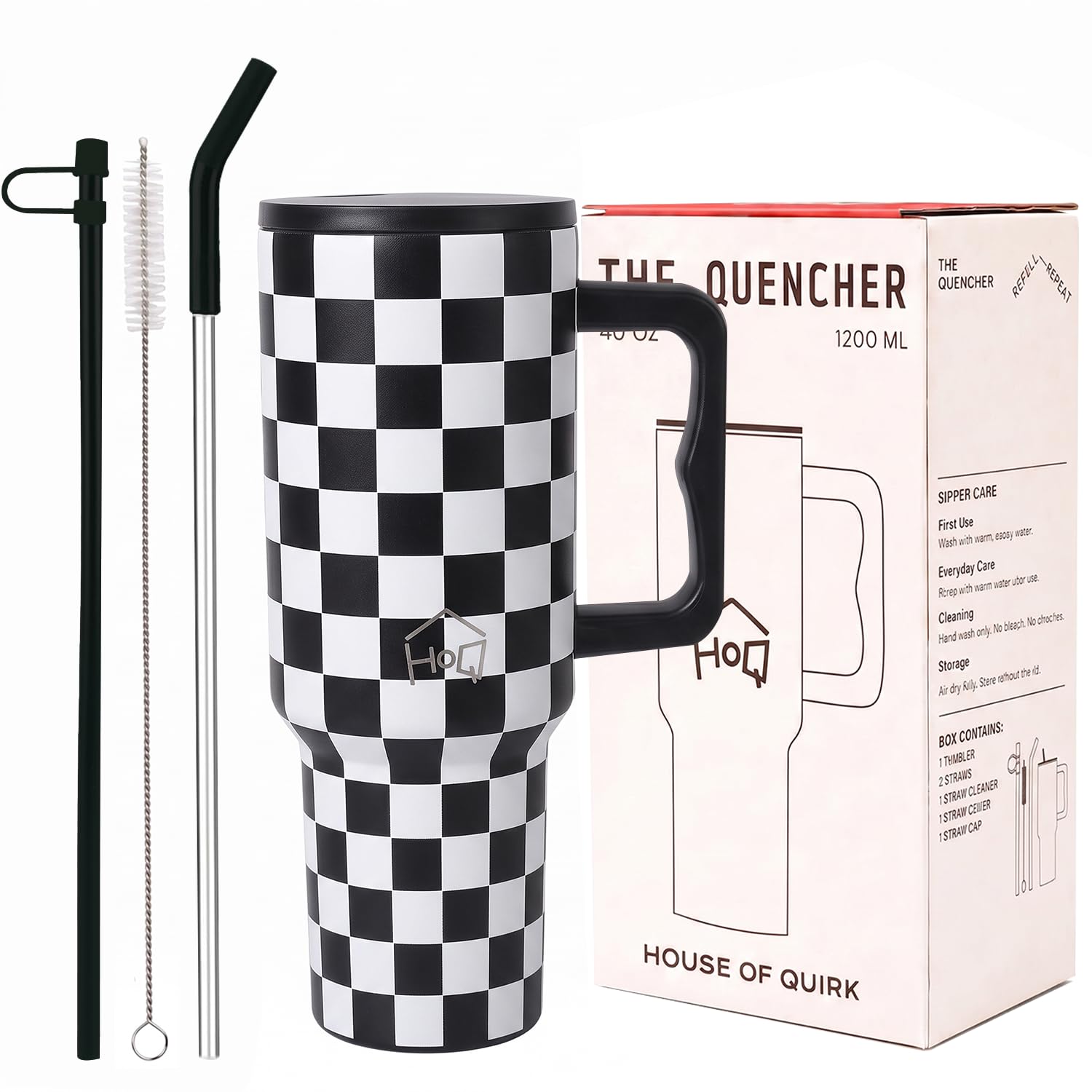 House of Quirk 1200ML Stainless Steel Tumbler with Handle & Lid, 2 Straws – Large Travel Mug Water Cup for Gym, Office & Outdoor Use (Chess)