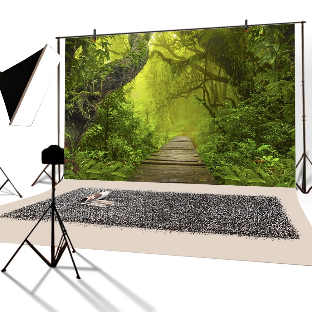 YongFoto 3x2m Vinilo Fondo de fotografía Ver Bosque Verde Selvas Grandes árboles Viejos Camino de Madera Estrecho Telón de Fondo de Fotografía Estudio de Foto Studio Props