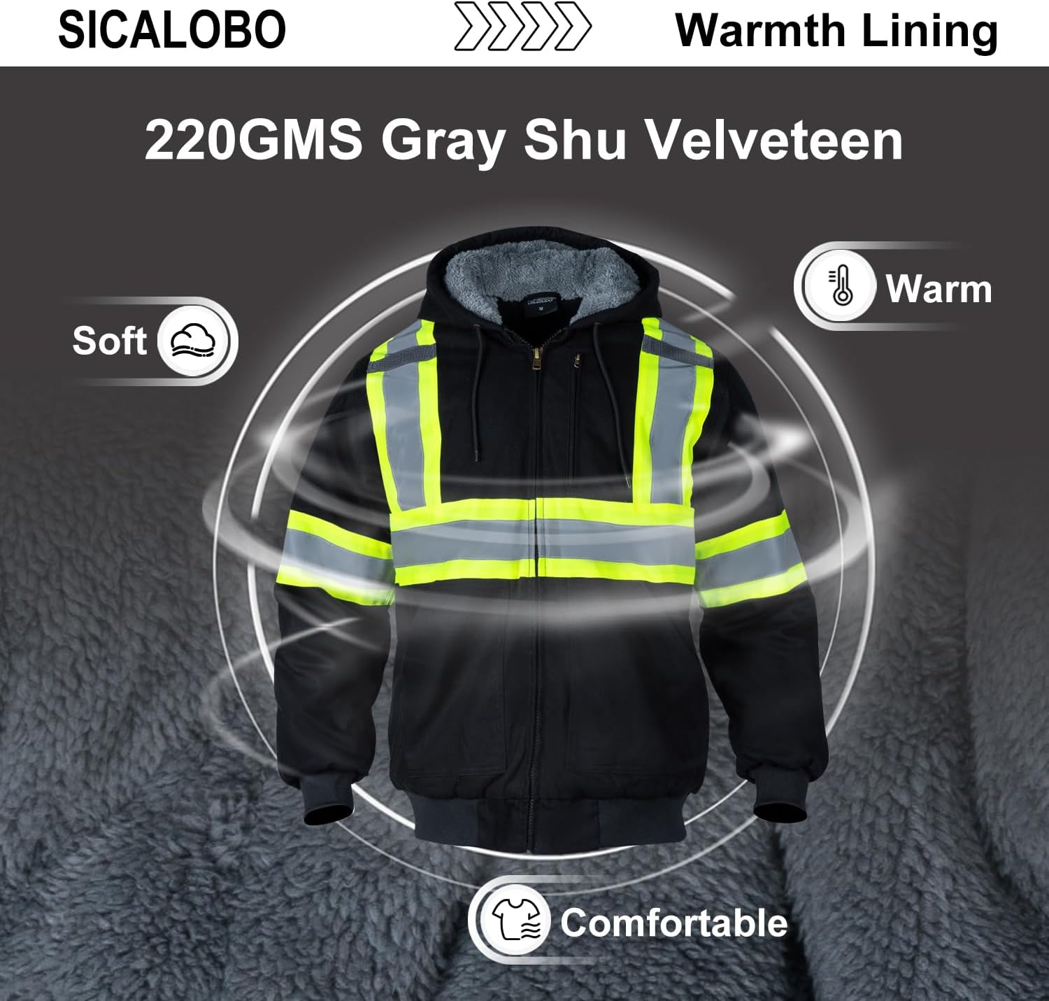 Men's High Visibility Fleece Lined Safety Sweatshirt,High Vis Reflective Water Resistant Thermal Canvas Work Jacket - Image 5