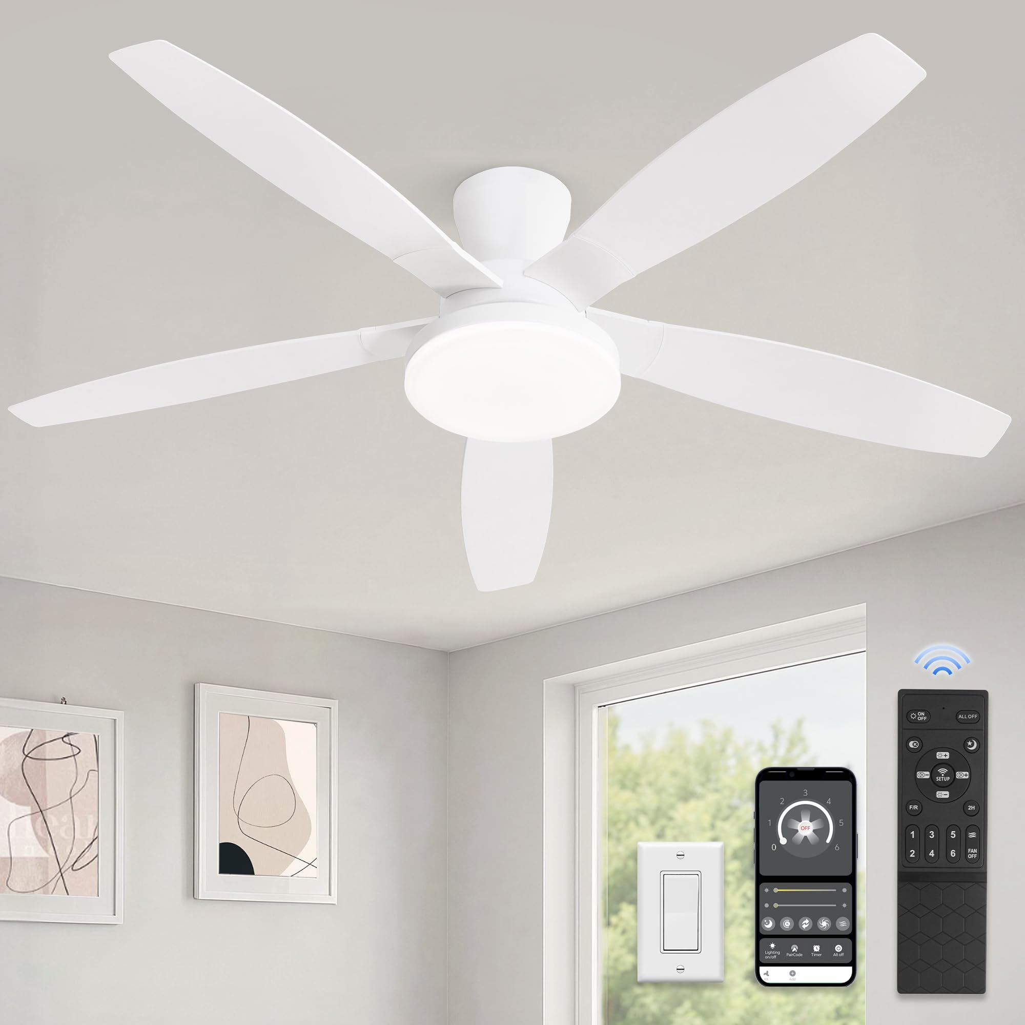 ZMISHIBO 52 inch Ceiling Fans with Lights and Remote/APP Control,White Low Profile Ceiling Fan with Light,Quiet DC Motor,LED Dimmable, Modern Flush Mount Ceiling Fan for Bedroom Indoor/Outdoor Patio