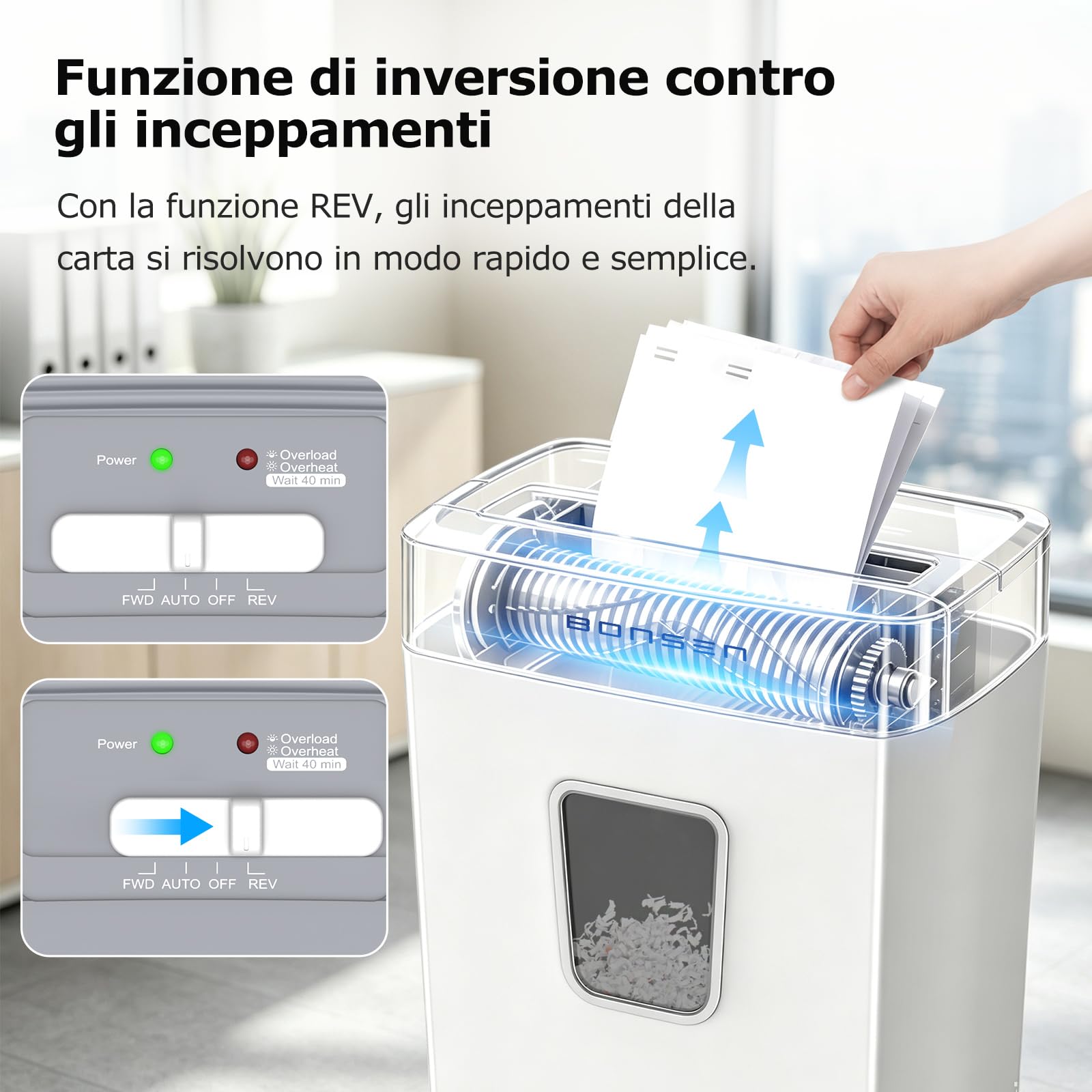 BONSEN Distruggidocumenti Microframmento 12 Fogli, Silenzioso 60dB, S5211-W | Cestino 21L, Livello di Sicurezza P-4, Tritadocumenti per Casa e Ufficio, Distrugge Carte di Credito, Punti & Graffette