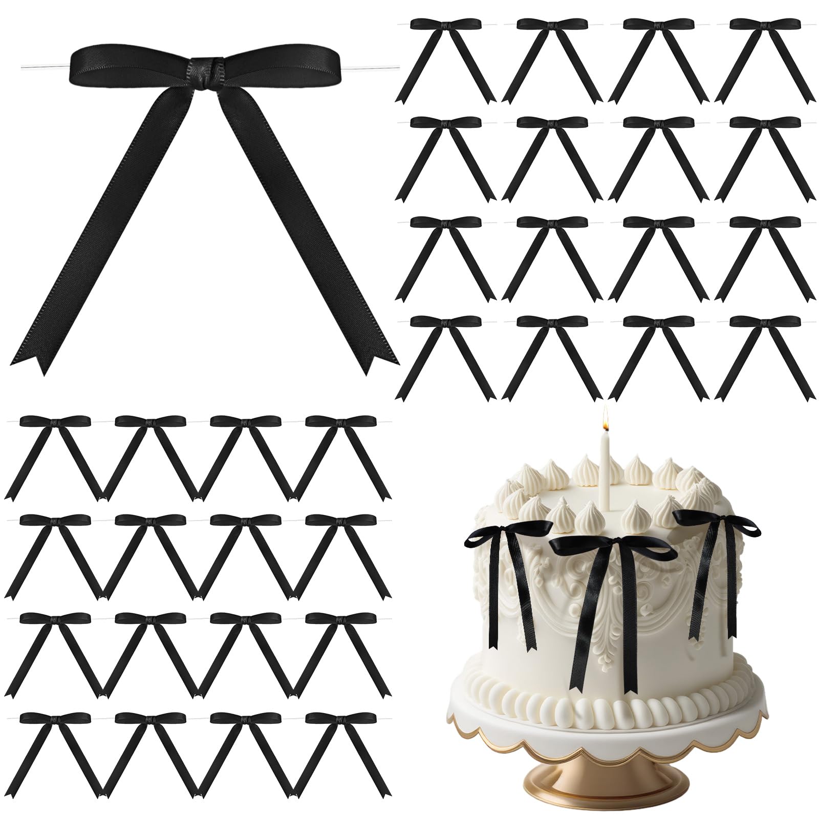 Riceshoot 50 Pcs Twist Tie Bows for Cake 3x4.5 Inch Satin Ribbon Bows for Gift Wrapping Treat Bags Craft DIY Wedding Baby Shower Birthday Party