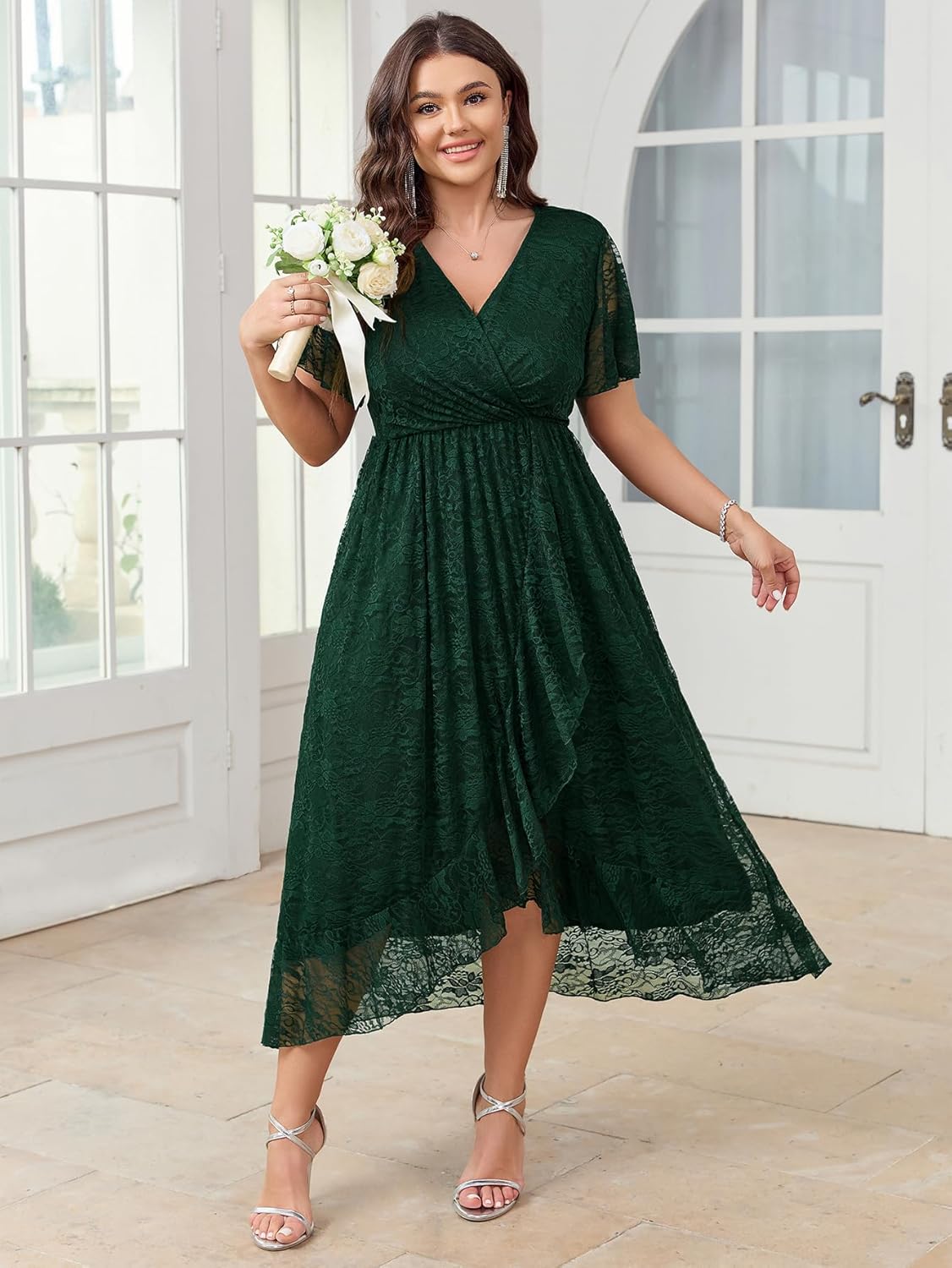 SCOMCHIC Womens Plus Size Wedding Guest Dress Formal Lace Wrap V Neck High Low Short Sleeve Cocktail Maxi Dresses XL-4XL - Image 2