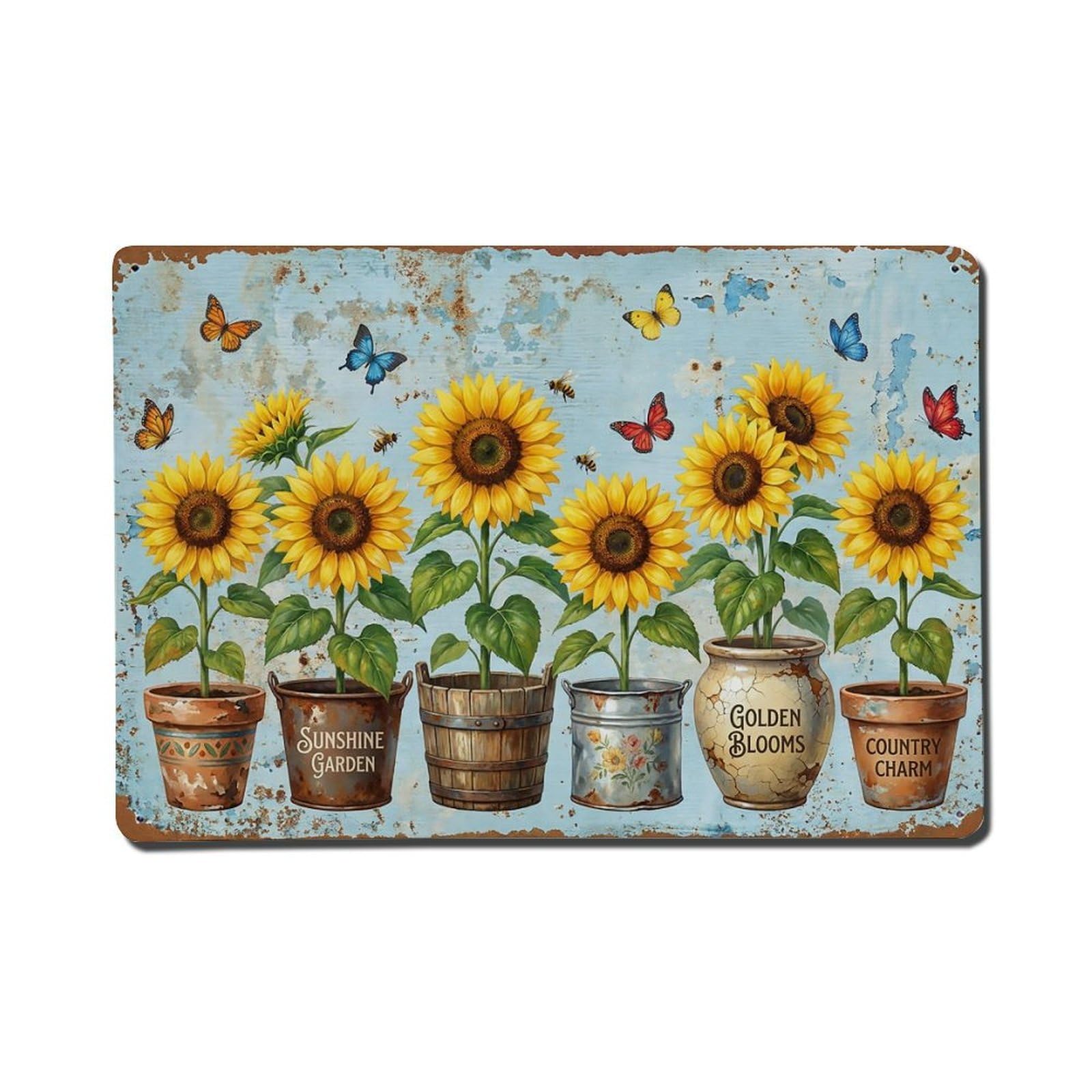 Vintage Rustic Flower Potted Plants Sunflower Metal Tin Sign