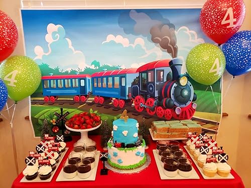 Miniatura 2 de GYA Telón de fondo de fiesta de tren de 7 x 5 pies para fotografía, fondo de tren de Navidad, fiesta de cumpleaños, aventura, familia, niños,