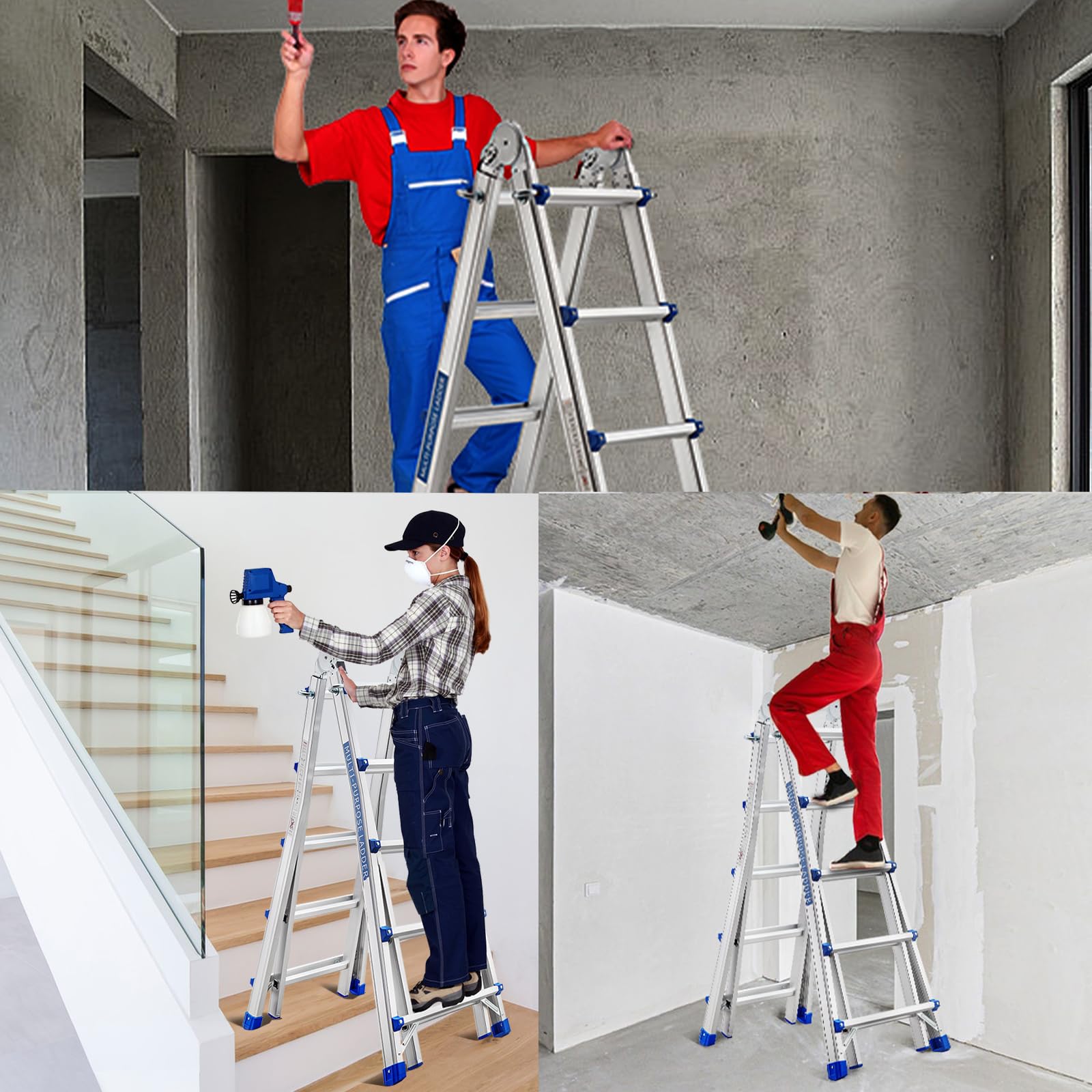 STANEW Scala Singola in Alluminio Multiuso 5,1m 4x5 pioli, Scala Multifunzione Telescopica Professionale, Pieghevole, Cavalletto di Prolunga, a Gradini e Bifacciale, Portata Max 150 Kg