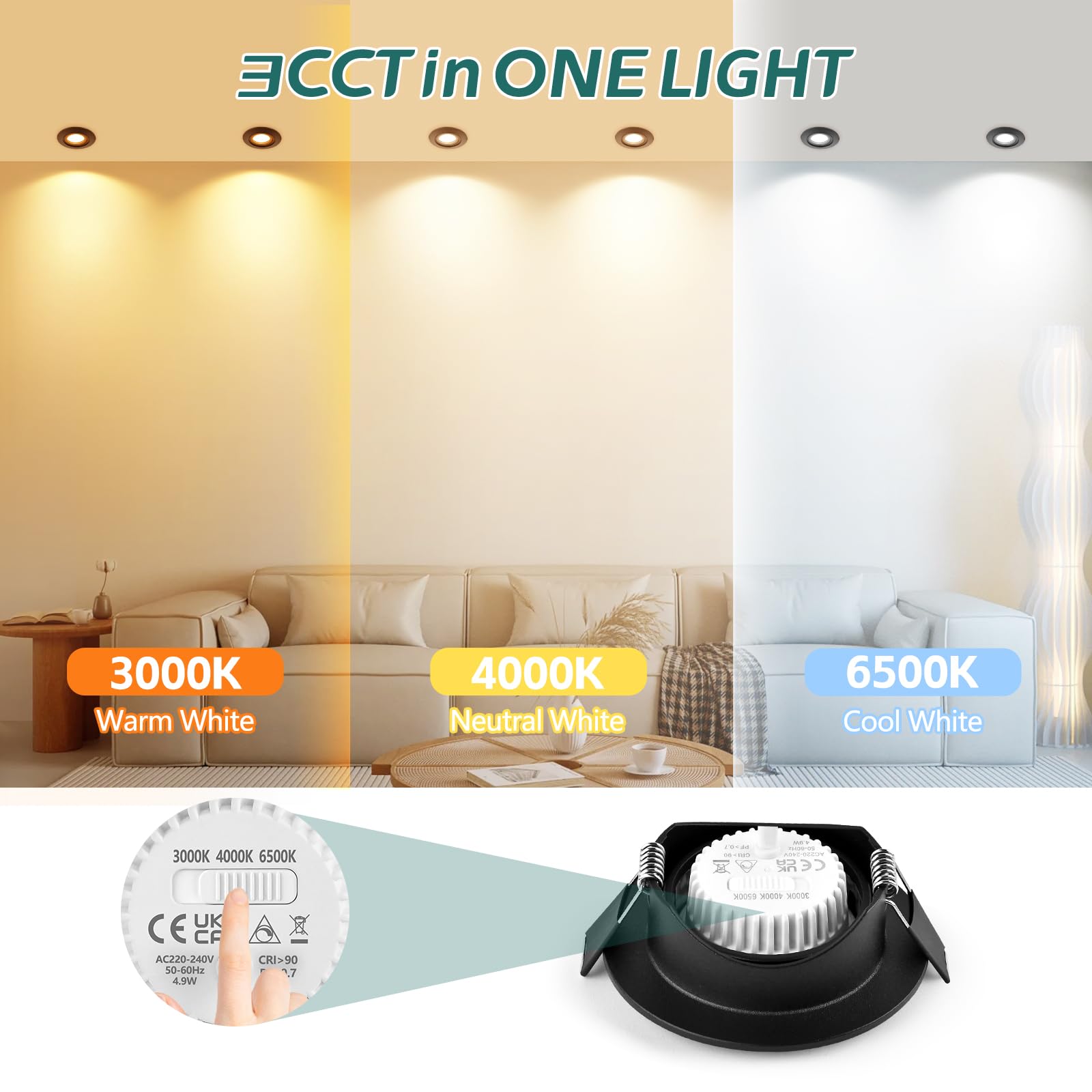 KYOTECH 3CCT Faretti LED da Incasso per Cartongesso Dimmerabile 68-75mm, 5W 550LM 230V Faretto Incasso Ultra Sottili, IP44 Faretti da Incasso Ruotabile a 45° per Bagno, Set di 6 Nero