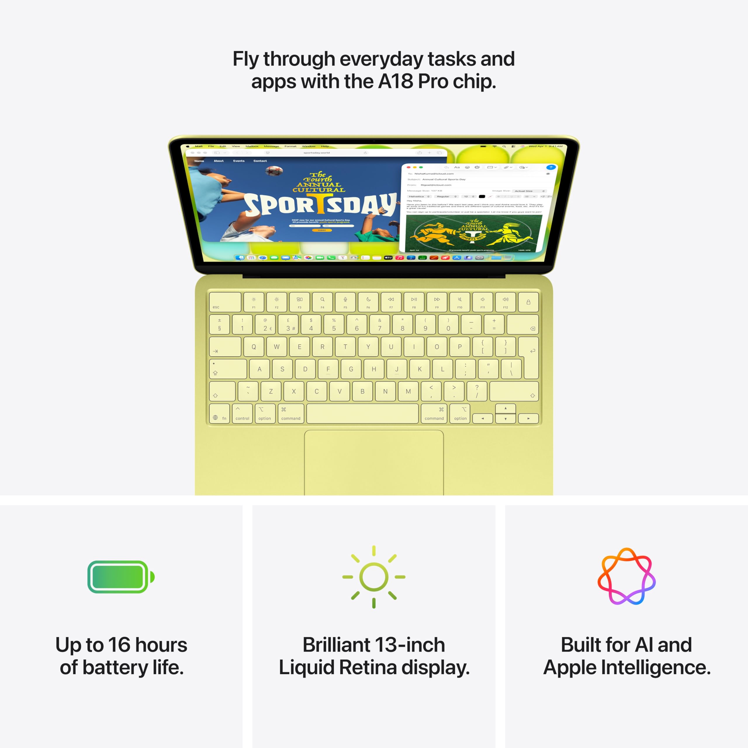Apple MacBook Neo 13-inch Laptop with A18 Pro chip: Built for AI and Apple Intelligence, Liquid Retina Display, 8GB Unified Memory, 256GB SSD Storage, 1080p FaceTime HD Camera; Citrus — view 5