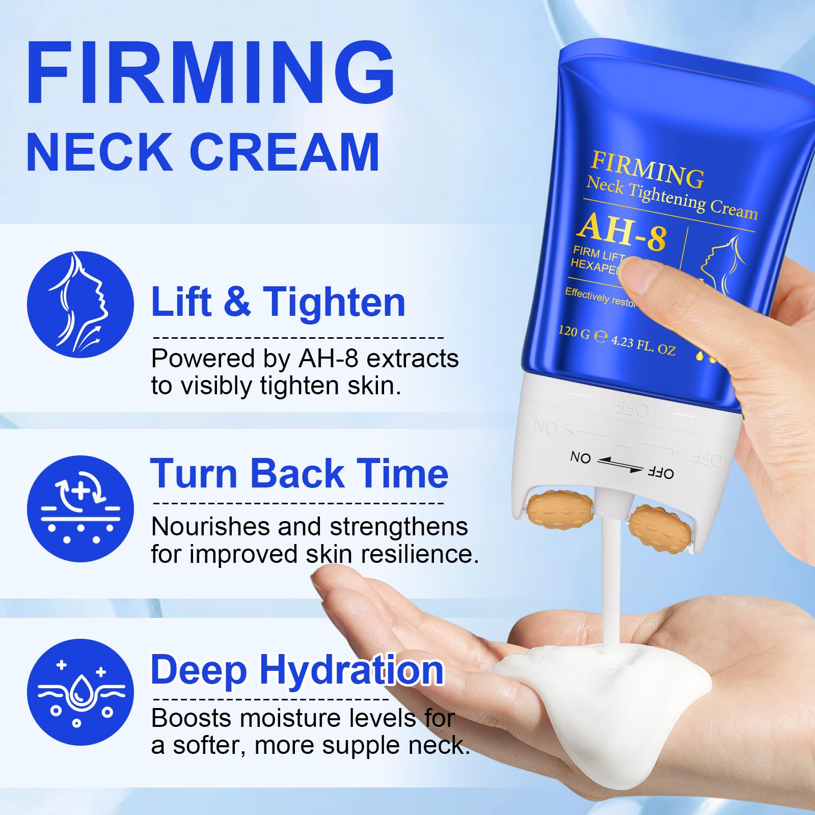AH-8 Firming Neck Cream,crema per il collo rassodante e idratante per la pelle con rullo di massaggio, AH-8 crema per il collo crepey, idratante e ridurre le rughe per gli uomini e le donne