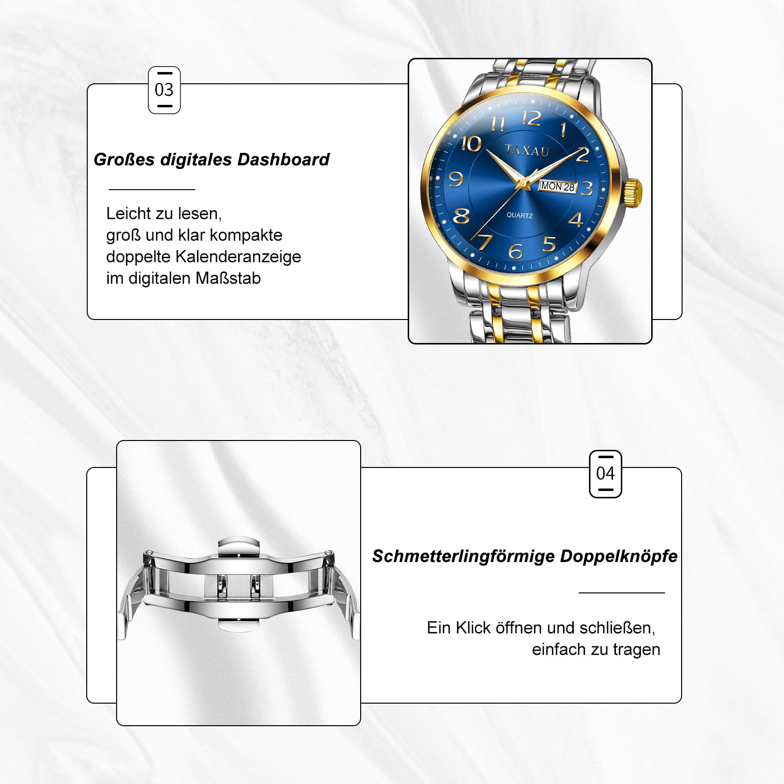 Taxau Klassische Herren Armbanduhr mit Edelstahlarmband, Analoge Quarz Uhr für Herren, 30M Wasserdicht mit Kalender, Elegante Business Uhr für Freizeit und Beruf