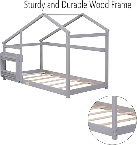 Miniatura 13 de Cama de casa individual para niños, cama infantil con estante y techo, cama individual moderna, base de cama de plataforma de madera, no necesita
