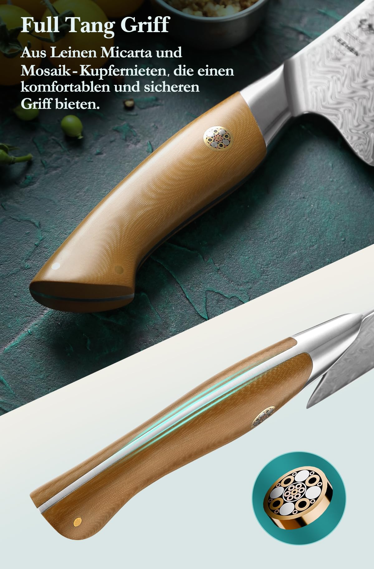 HEZHEN Santokumesser Damast,Japanischer Stil Kochmesser,Ultra-Scharfes Allzweck-Gyutomesser, Komfortabler Full Tang Griff