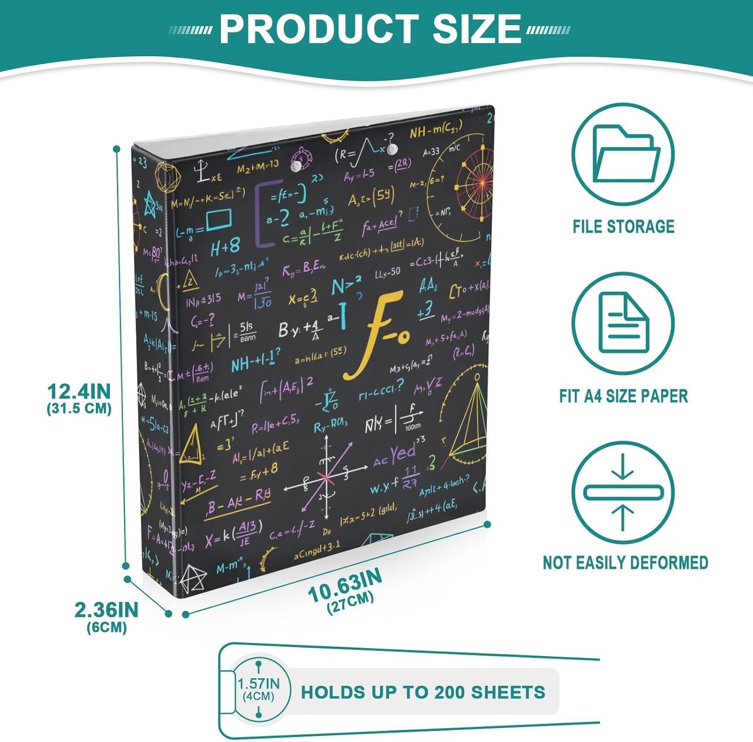 3 Ring Binder 1.5 Inch Ring Colorful Math Formulas Binder Organizer for Letter Size Paper Cute Decorative Hardcover Round Ring Binders for School Office and Home