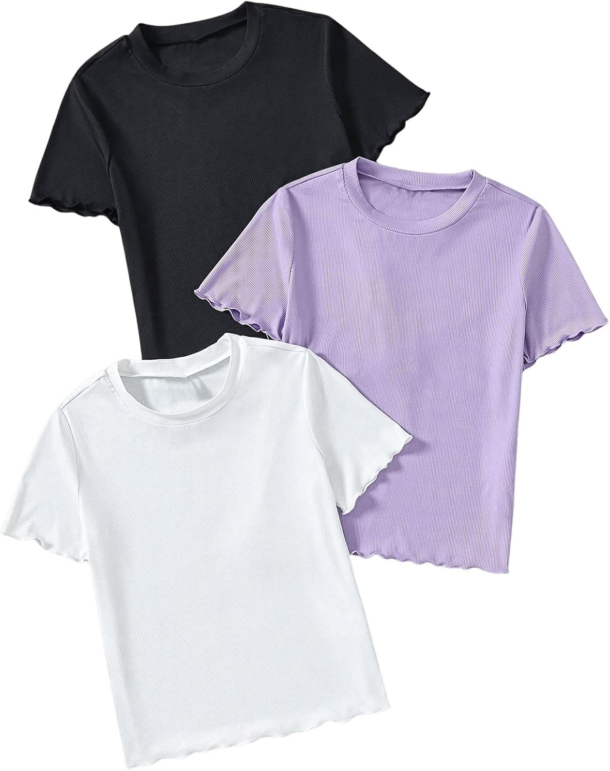 OYOANGLE Girl's 3 Piece Short Sleeve Tees Crew Neck Ribbed Knit Tee Shirts Basic Solid Crew Neck T-Shirt