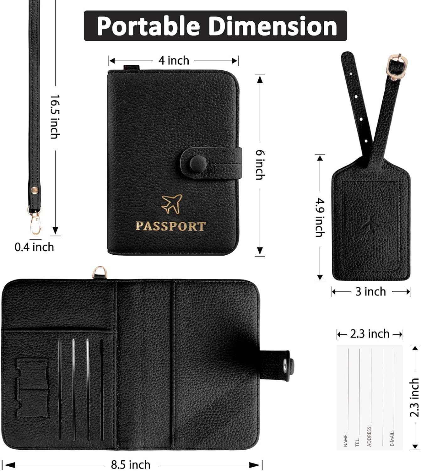 Boutilon Leather Passport Holder Covers Case with Neck Lanyard and Luggage Tag Waterproof RFID Blocking Travel Wallet Solid Color Passport Organization for Women and Men (Black)