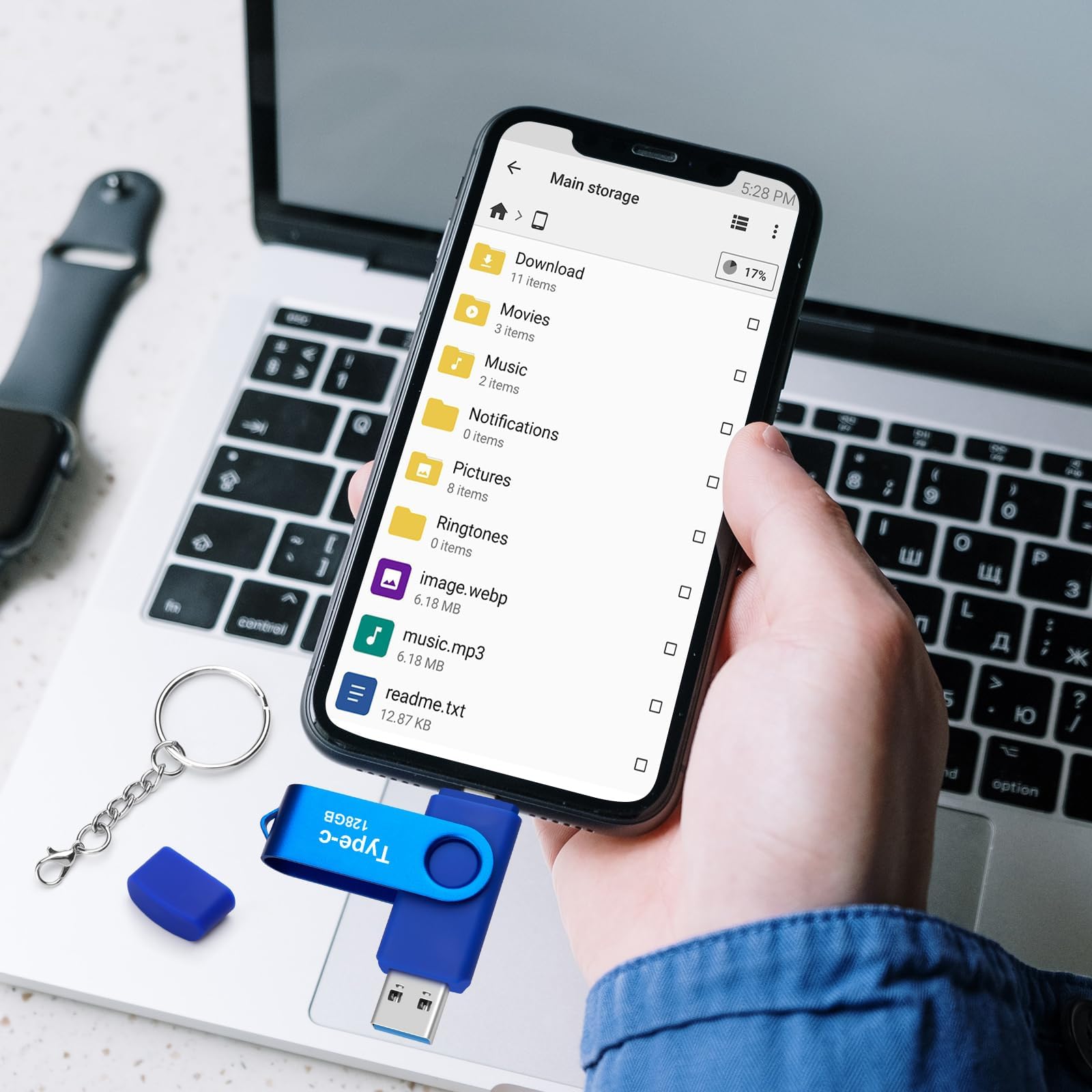 128GB Type-C USB Flash Drive USB 3.0/ USB-C 2-in-1 OTG Rotatable Memory Stick Pen Drive Data Storage Pendrive Thumb Drive for Smartphones/Tablets/PC (Blue)