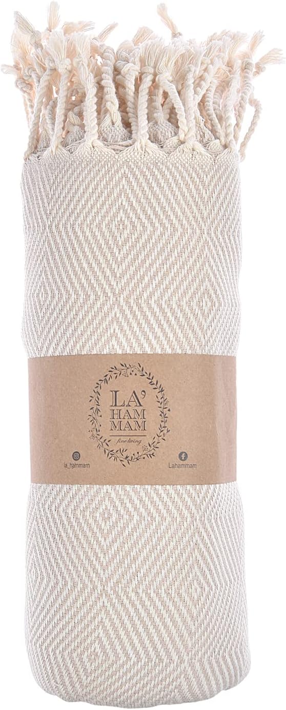 Personalized Embroidered Beach Towel | Throw Blanket, Easy Carry, Sand Free, Highly Absorbent, Quick Dry, Turkish Towels for Travel Camping Bath Sauna Beach Gym Pool Yoga SPA by Lahammam, Asia, Beige