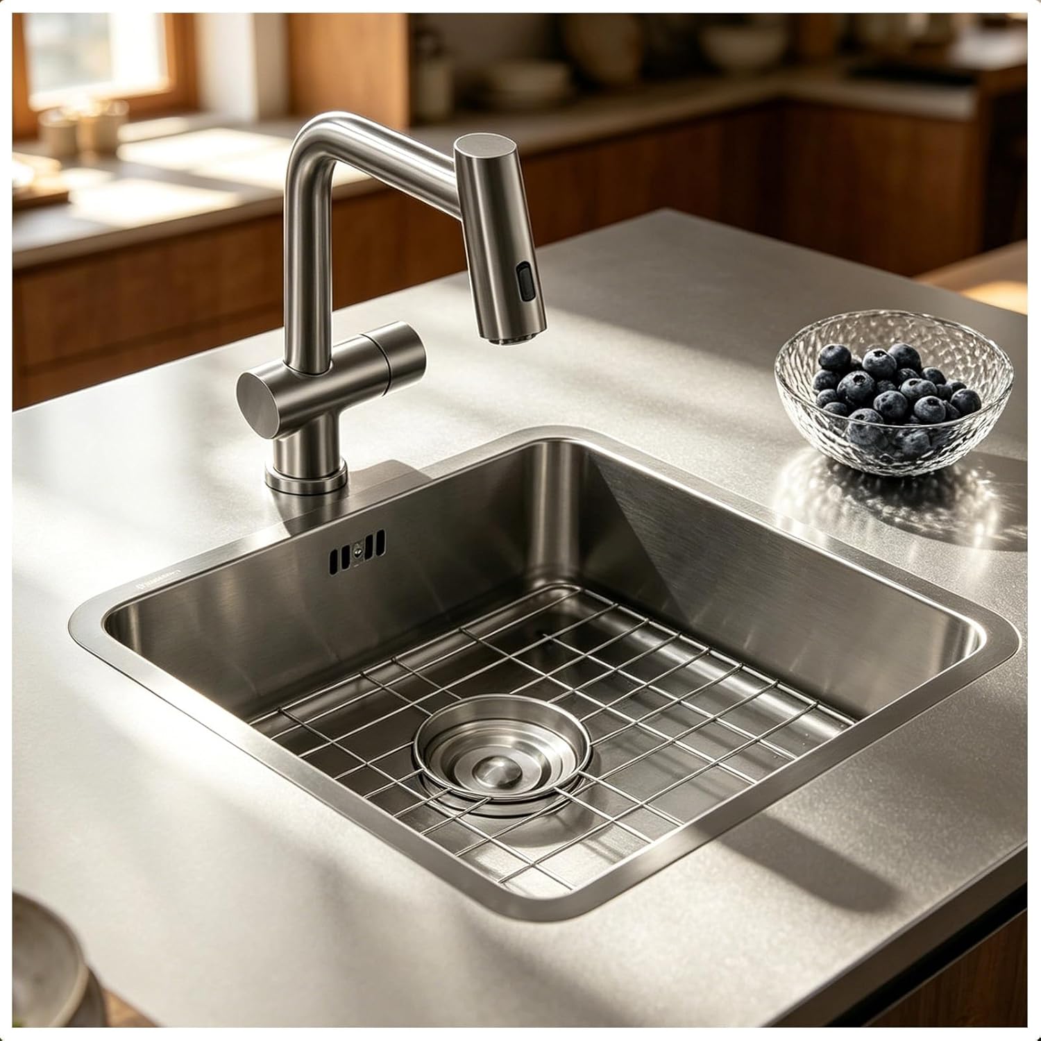 Single Bowl Kitchen Sink Stainless Steel With Bottom Grid Rack, Compact Bar Prep Sink With Drain Kit, Scratch Resistant Inset Sink For Small Kitchen, Apartment, RV And Utility Use(Gray,44x41cm)