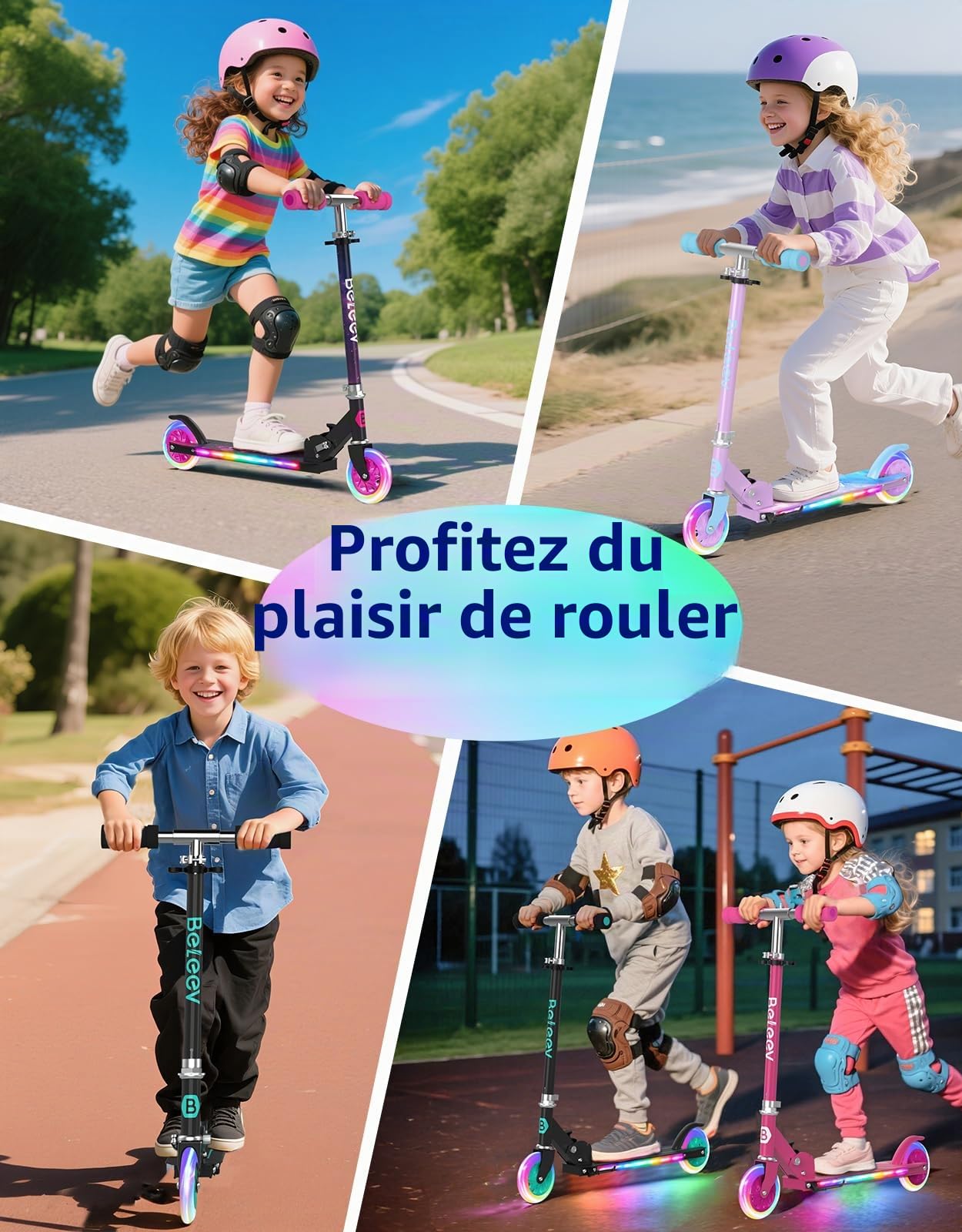 BELEEV V1Plus Trottinette Enfant 3 à 12 Ans, Pliable Trotinette à 2 Roues | LED Lumineuses, Deck, 3 Réglables en Hauteur, Plateau Antidérapant,Trottinette avec Support pour Filles et Garçons, Scooter