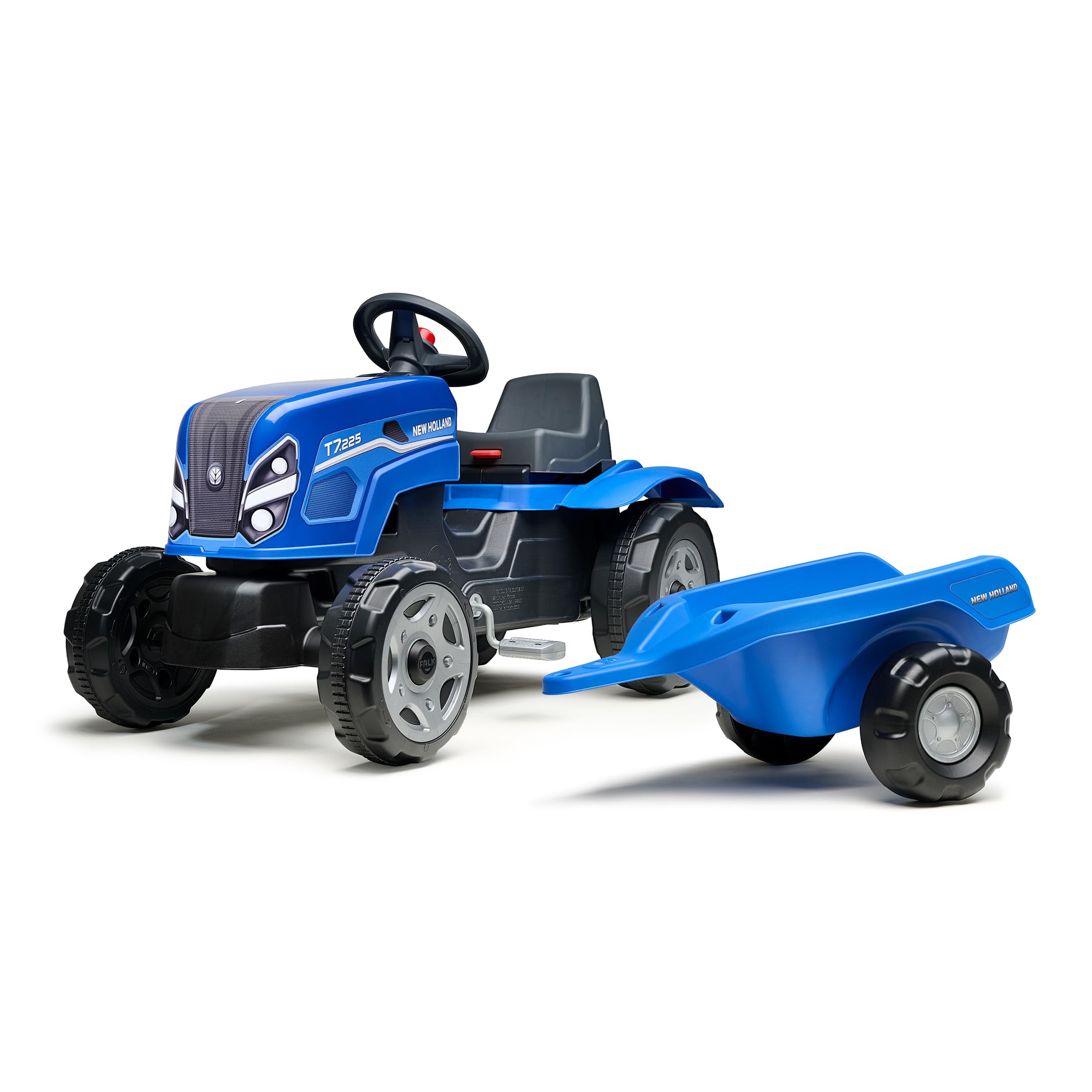 Falk Traktor mit Pedalen New Holland für Kinder, mit Anhänger, ab 2 Jahren | Haube zum Öffnen und verstellbarer Sitz