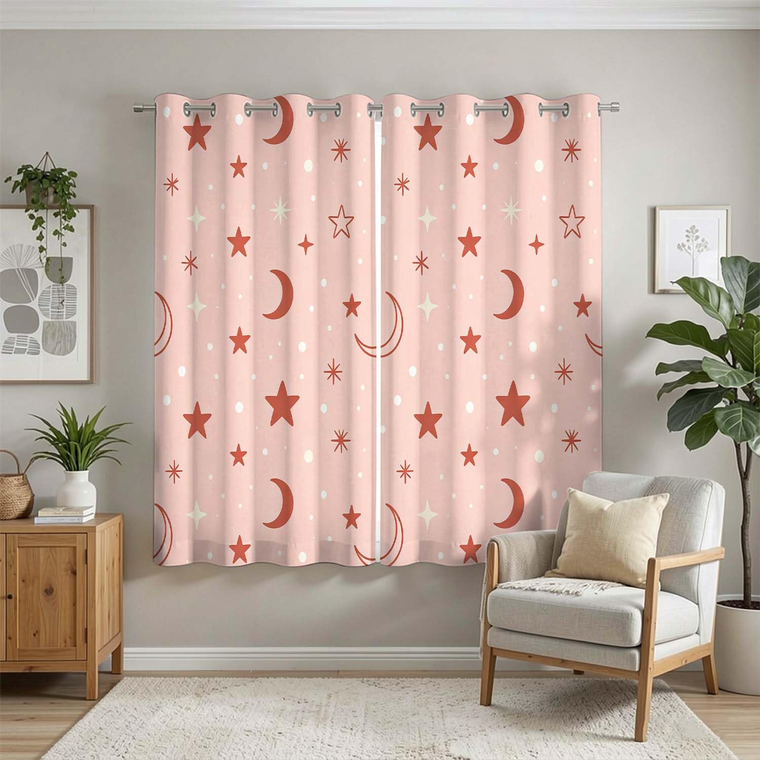 Rideaux Occultants Ciel étoilé Rose Imprimés 3D à Oeillets, Lot de 2