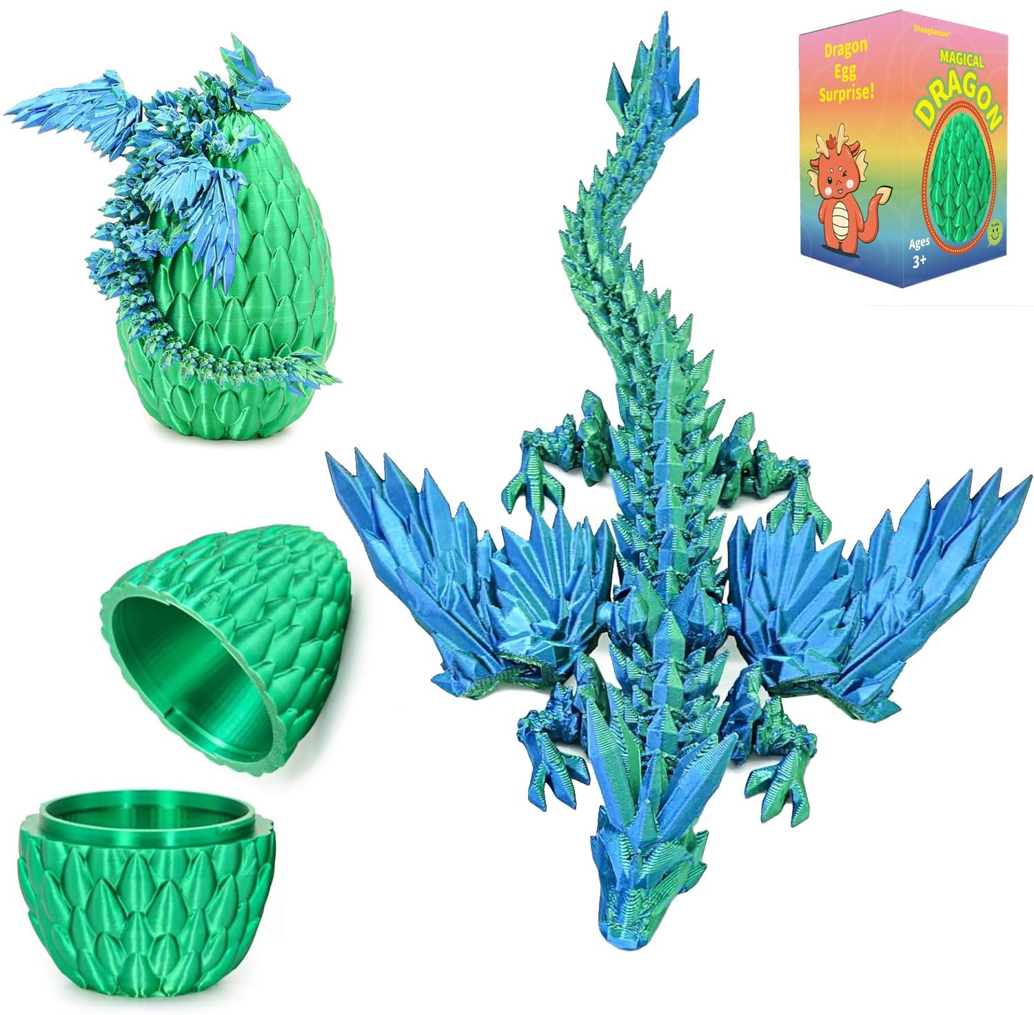 Shangkanlan 3D Printed Dragon in Egg - Fully Articulated Crystal Figurine for Christmas Easter Birthdays Executive Desk Decor (Green)