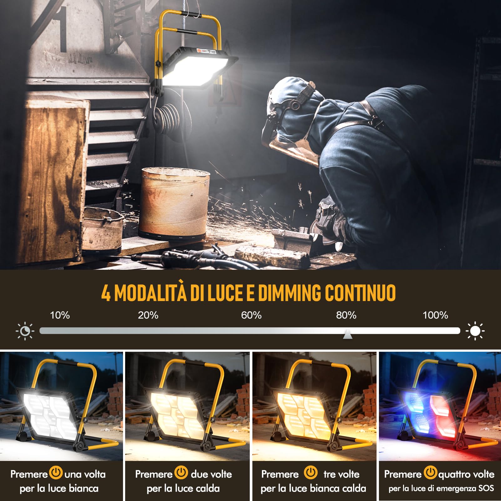 Viugreum150W-Faro Led Ricaricabile, 15000LM Faretto a Batteria con supporto, pannello solare/4 modalità di luce, IP66 impermeabile Faretto LED da costruzione Portatile perofficina, cantiere, campeggio