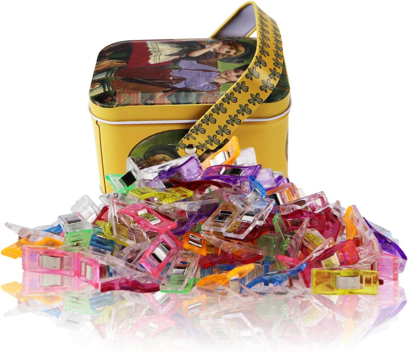 Wonder Clips-Pack of 100 Multipurpose Sewing Clips Craft Accessories for Sewing, Quilting, Crocheting, Crafting and Knitting,Tin Box Package, Assorted Colors