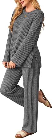 Kikibell Womens Sets 2 Piece Outfits Matching Lounge Set Cozy Knit Pajamas | Oversized Loungewear Fall Winter Clothes S-2XL,Side Split Crew Neck Long Sleeve Tank Top and Wide Leg Pants