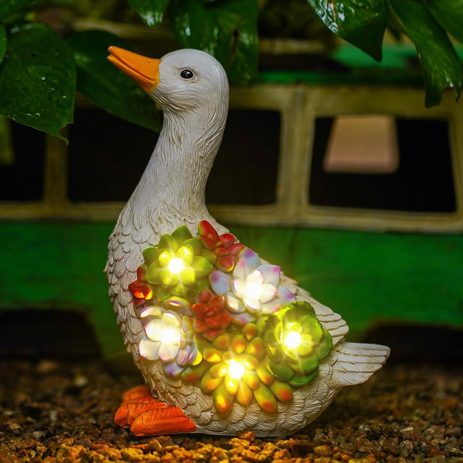 Solar Powered Duck Garden Statue with Succulents & LED Lights – Whimsical Resin Outdoor Decor for Patio, Lawn & Gift