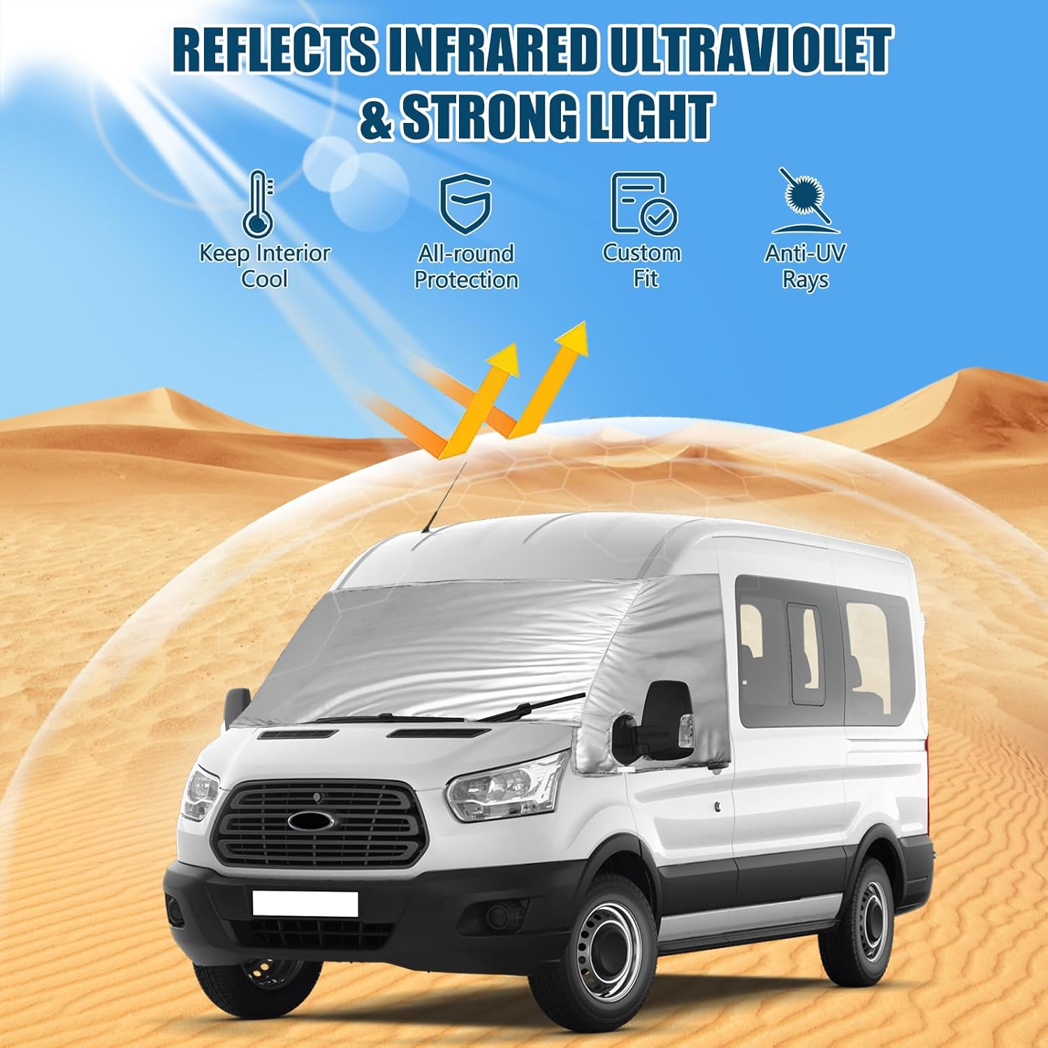 Custom Fit Silver Windshield Cover Compatible with Ford Transit 2016-2025 Motorhome,Van for Privacy Blockout UV Reflector Snow Protection