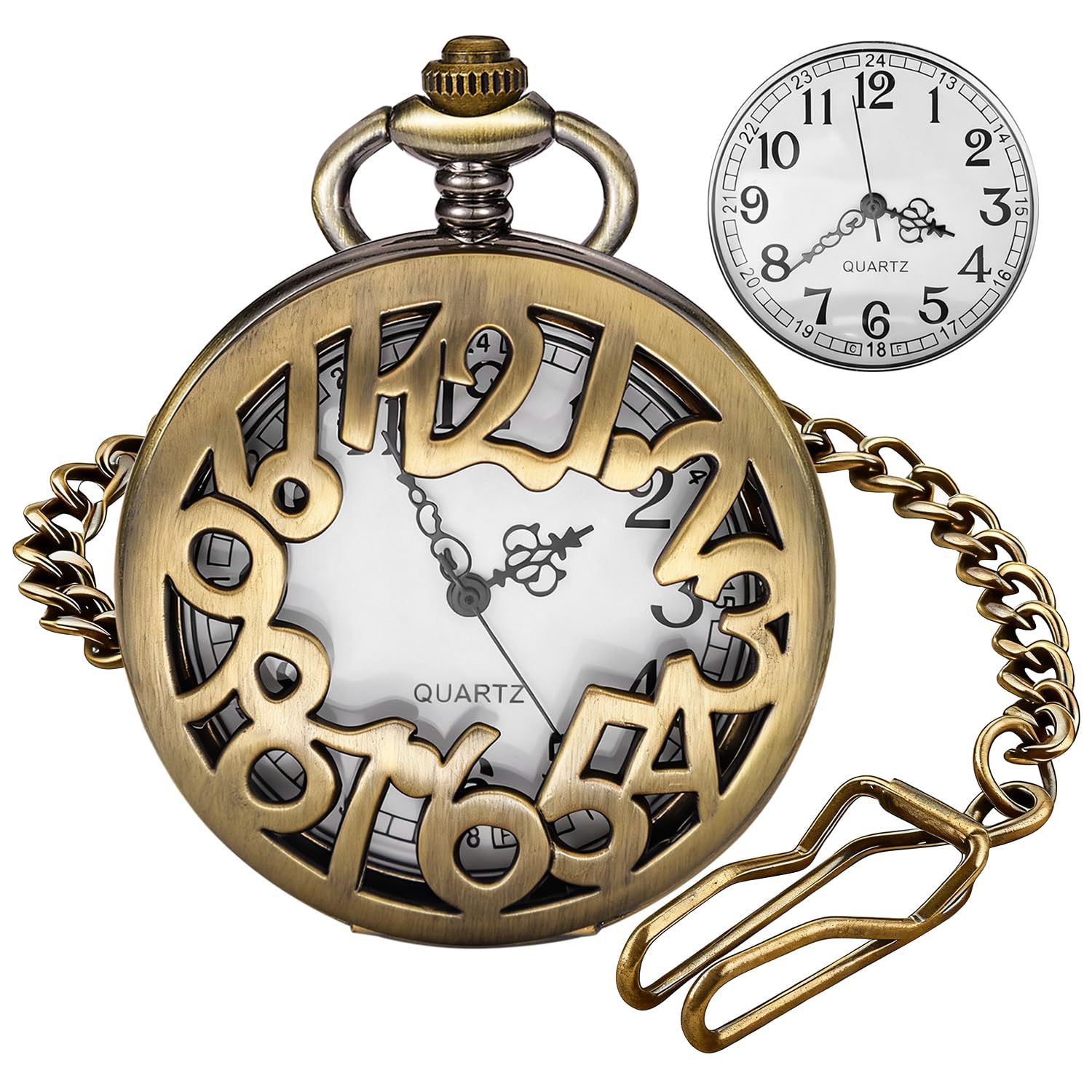 Bronze Hollowed-Out Number Ring with White Arabic Numeral Dial Men's Quartz Pocket Watch-image-40
