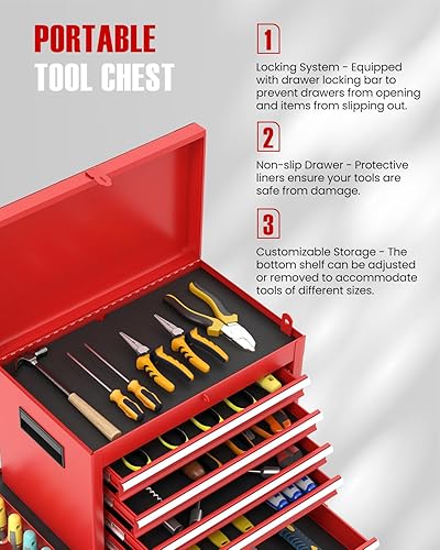 Miniatura 5 de ARNOT Caja de herramientas gruesa, baúl de almacenamiento de herramientas 2 en 1, armario de herramientas con parte superior desmontable y estante