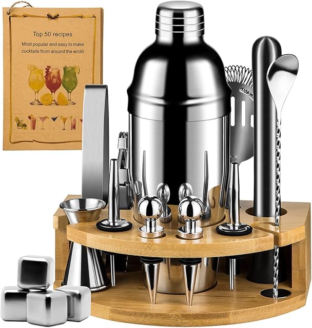 Cocktail Shaker Set, Mixology Bartender Kit with Bamboo Stand, Martini Viski Drink Mixer, Vintage Mocktail Recipes and Whiskey Stones