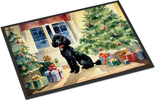 Caroline's Treasures DAC2724MAT Poodle Cozy Christmas Doormat Front Door Mat Indoor Outdoor Rugs for Entryway, Non Slip Washable Low Pile, 18H X 27W