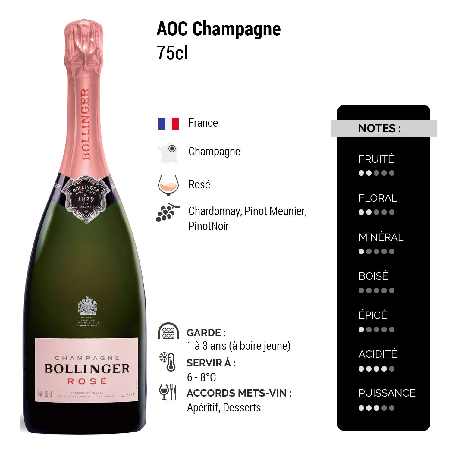 Champagne Brut Rosé - Bollinger - Lot de 6x75cl - Cépages Chardonnay, Pinot Meunier