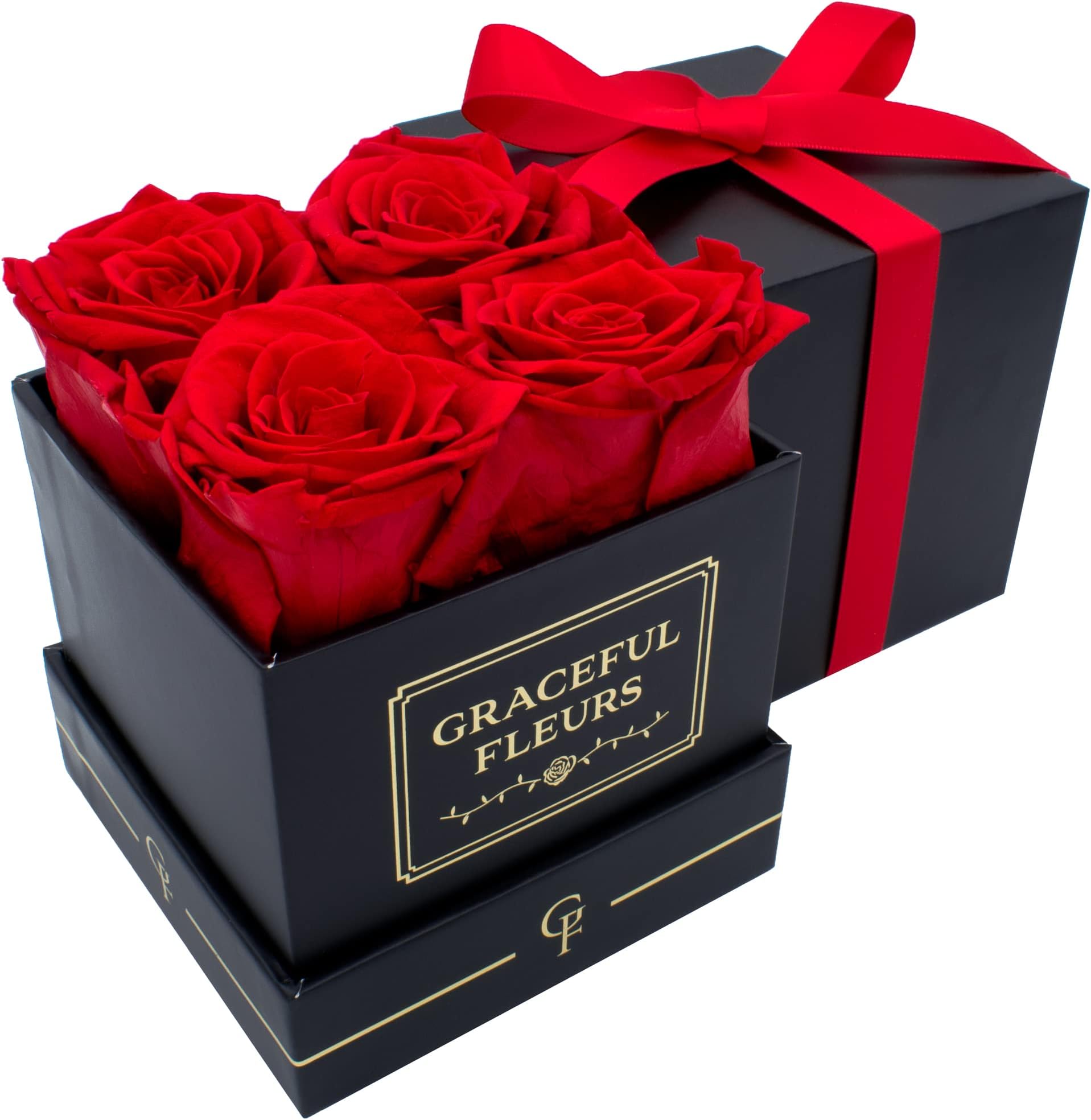 Real Roses That Lasts for Years | Preserved Fresh Flowers for Delivery Prime Birthday | Birthday Gifts for Women | Forever Roses in a Box (Red, Black Box, 4 Roses)