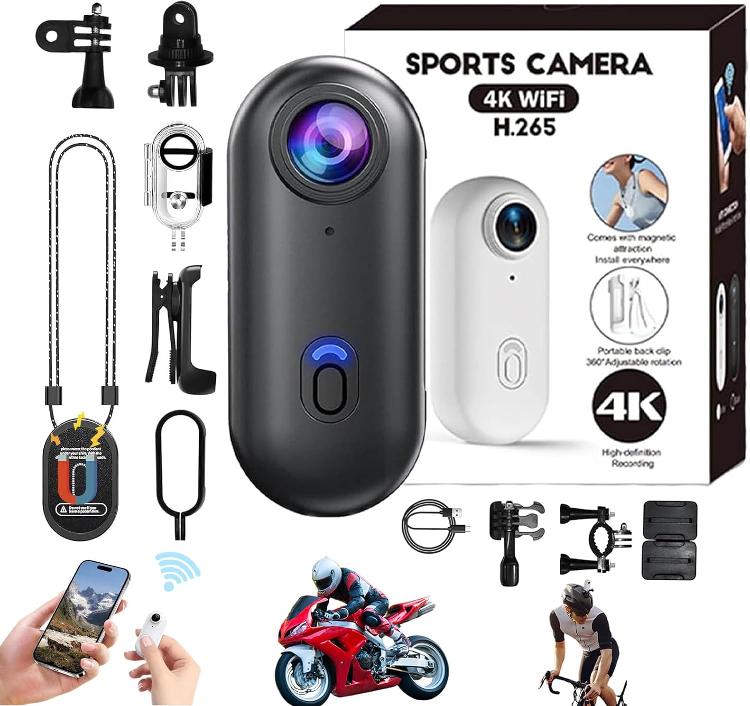 HD Action Camera, Motorcycle Camera, 1080p/4k Hands Free POV Pro Mini Wearable Adventure Action Body Cam with Audio Video, Mount Anywhere, for Vlogging Cycling Diving (Black, 4K)