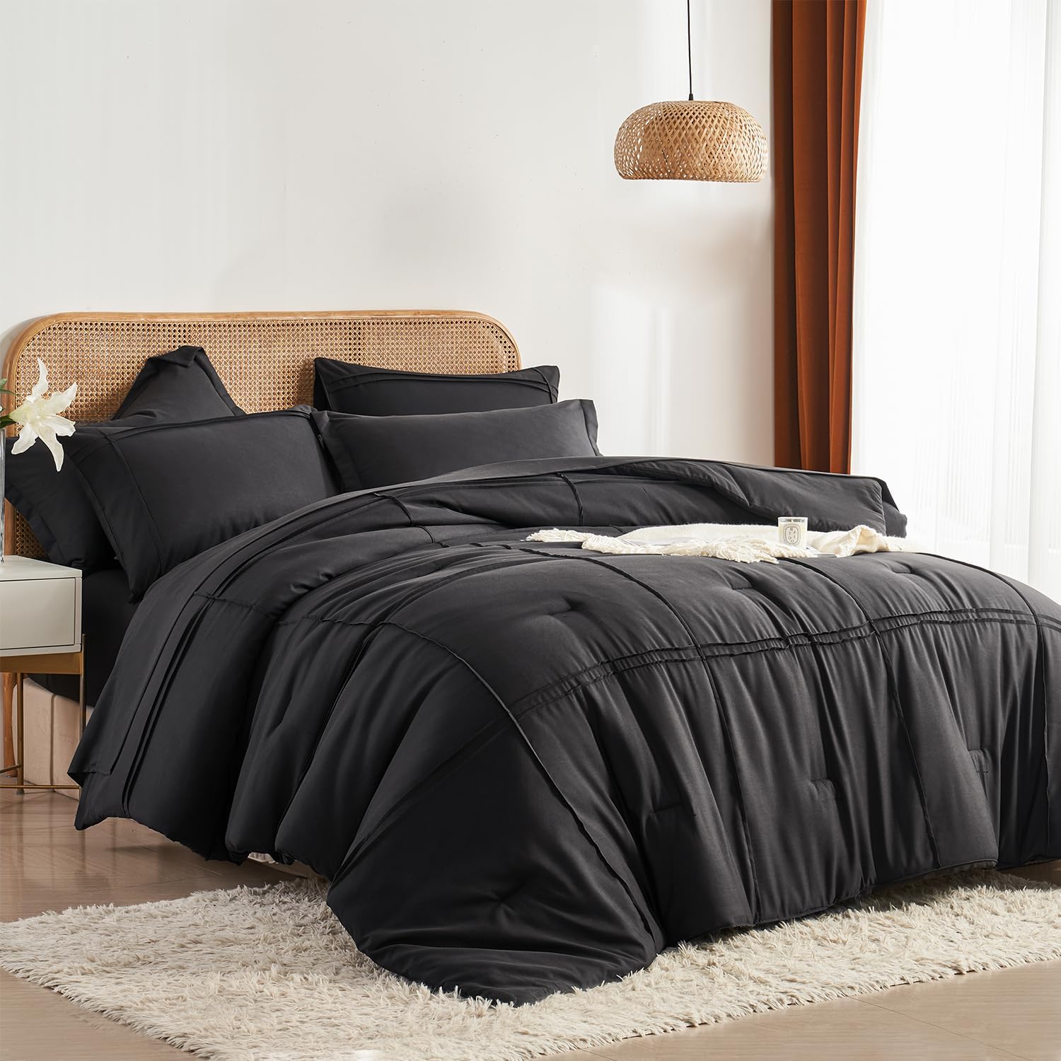 Yogeneg King Size Comforter Set 7 Piece Bed in a Bag,Grid Pinch Pleat Black Bedding Set,Striped Textured Soft Microfiber Comforter with Sheet Set,All Season Complete Bed Set(Black,King)