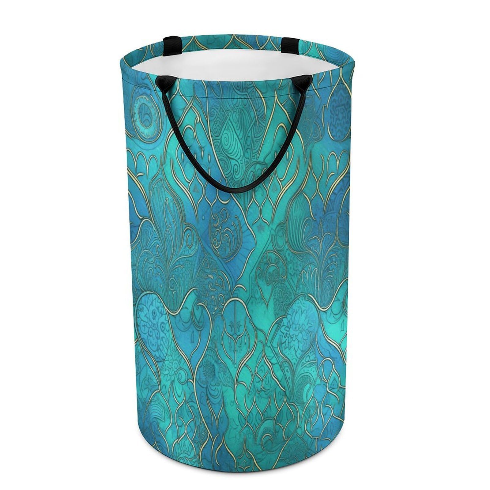 Turquoise Pattern Laundry Basket Large Foldable Laundry Hamper with Handles Freestanding Collapsible Clothes Basket Waterproof Portable Dirty Clothes Hamper for Bathroom 86L