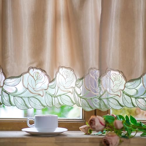 Miniatura 3 de SUTAVIA Juego de 2 cortinas clásicas de encaje rosa para cocina, cortinas de cafetería, cortinas de satén dorado con bolsillo para barra,